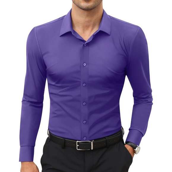 Men Purple Long Sleeve Slim Muscle Fit Wrinkle Free Button Down Dress Shirts - Picture 1 of 9
